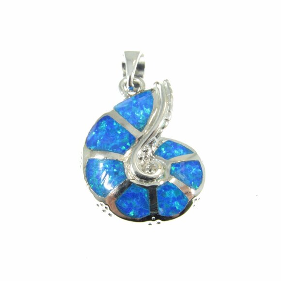 Solid 925 Sterling Silver and Blue Opal Nautilus Seashell Ammonite Pendant - Picture 5 of 10